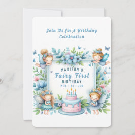 Blue Pastel Blommigt Fairy First Birthday - Inbjudningar