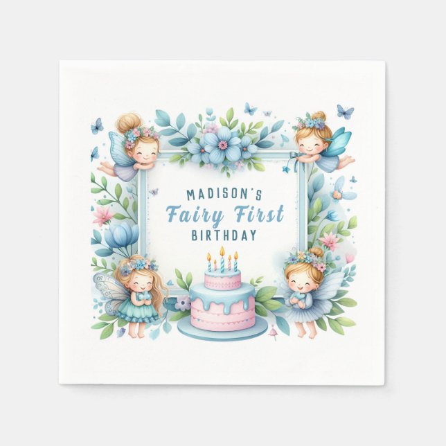 Blue Pastel Blommigt Fairy First Birthday - Pappersservett (Framsidan)