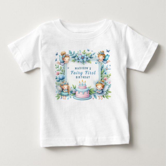 Blue Pastel Blommigt Fairy First Birthday - T Shirt (Framsida)