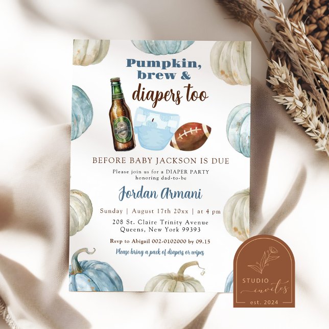 Blue Pastel Boy Pumpkin Brew and Diaper Inbjudningar (Skapare uppladdad)