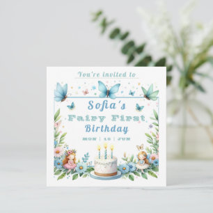 Blue Pastel Butterfly Fairy First Birthday - Inbjudningar