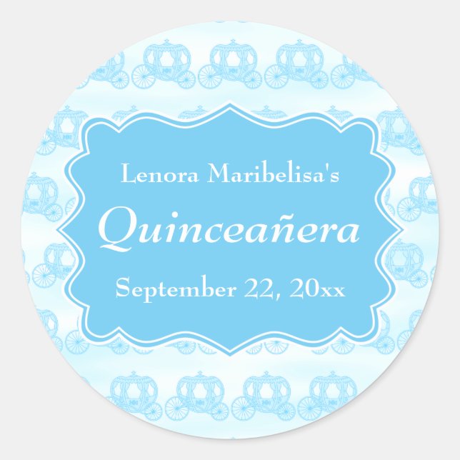 Blue Pastel Carriages Quinceanera Runt Klistermärke (Framsida)