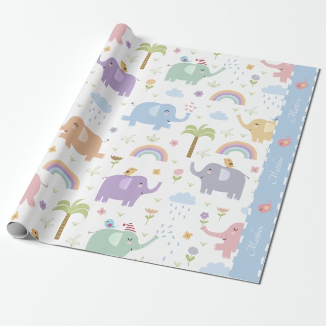 Blue Pastel Elephant Mönster for Little Boy Party Presentpapper (Utrullad)