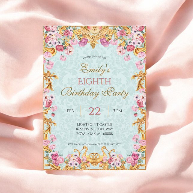 Blue Pastel Guld Eighth Baroque Rococo Birthday Inbjudningar (Skapare uppladdad)