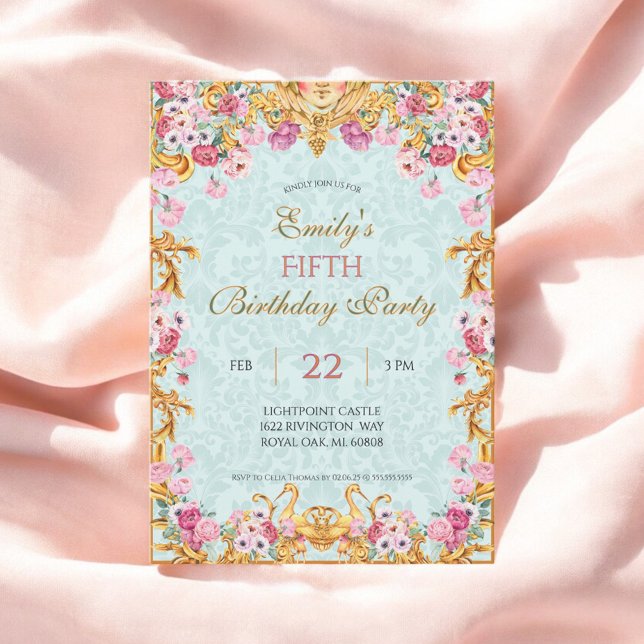 Blue Pastel Guld Femte Baroque Rococo Birthday Inbjudningar (Skapare uppladdad)