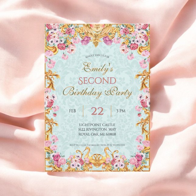 Blue Pastel Guld Second Baroque Rococo Birthday Inbjudningar (Skapare uppladdad)
