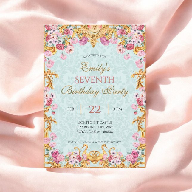 Blue Pastel Guld sjunde Baroque Rococo Birthday Inbjudningar (Skapare uppladdad)