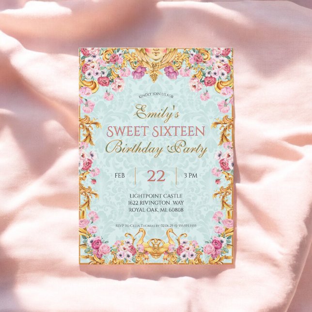 Blue Pastel Guld Sweet sixteen Rococo Birthday Inbjudningar (Skapare uppladdad)