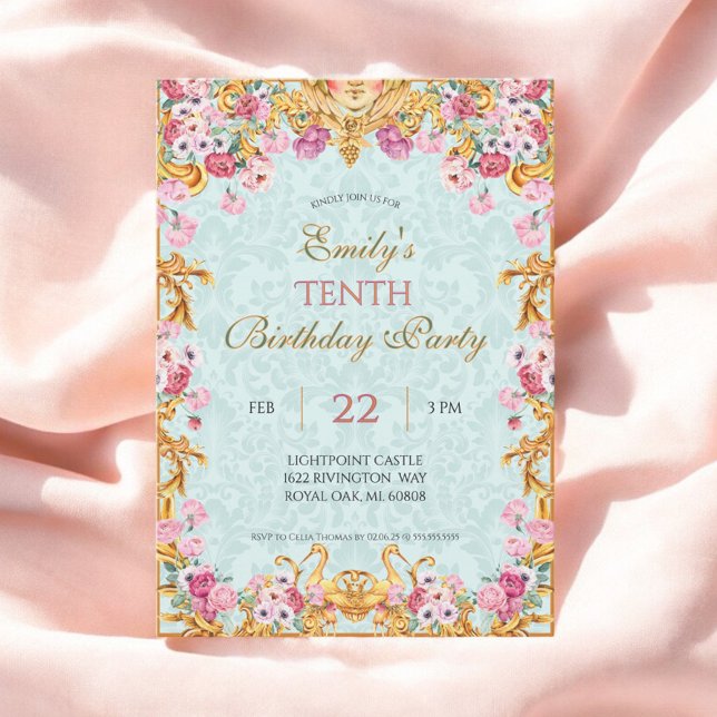 Blue Pastel Guld tionde Baroque Rococo Birthday Inbjudningar (Skapare uppladdad)