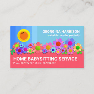 Blue Pastel Himlar Smiling Sol Babysit Flowers Visitkort