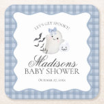 Blue Pastel Little Boo Ghost Baby Shower Bar Underlägg Papper Kvadrat<br><div class="desc">A little boo is almost due! Get ready for a spooktacular celebration with our Cute Pastel Blue Ghost theme party decor! This charming design features an adorable ghost holding a pumpkin candy basket, set against a light Blue wavy border and a preppy gingham background. Perfect for a fun and festive...</div>
