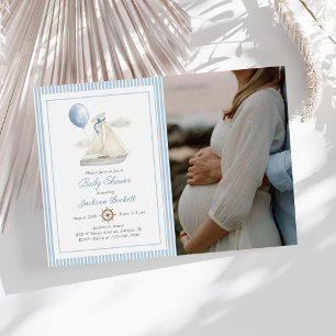 Blue Pastel Nautical Segelbåt Baby Shower Photo Inbjudningar