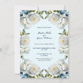 Blue Pastel Vit ros Blommigt Gräns Bröllop Inbjudningar