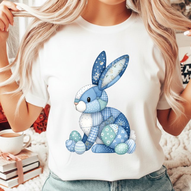 Blue Patchwork Easter Bunny Floral Gingham Spring T Shirt (Skapare uppladdad)