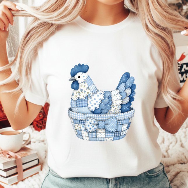 Blue Patchwork Easter Chicken Gingham Floral T Shirt (Skapare uppladdad)