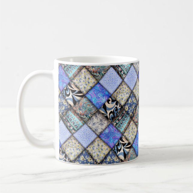 Blue Patchwork look Quilt Mönster Kaffemugg (Vänster)