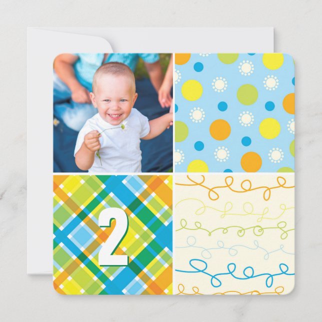 Blue Patchwork Mönster Squares Boy Photo Birthday Inbjudningar (Framsida)
