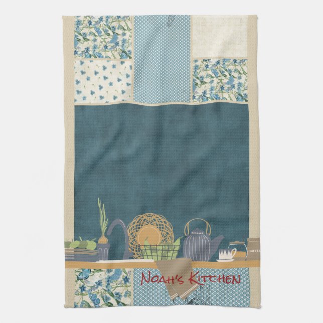 Blue Patchwork Shelf #1 Tea Kitchen Towel Kökshandduk (Vertikal)