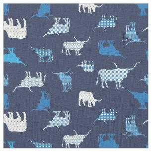 Blue Patterned Longhorns Mönster Fabric Tyg
