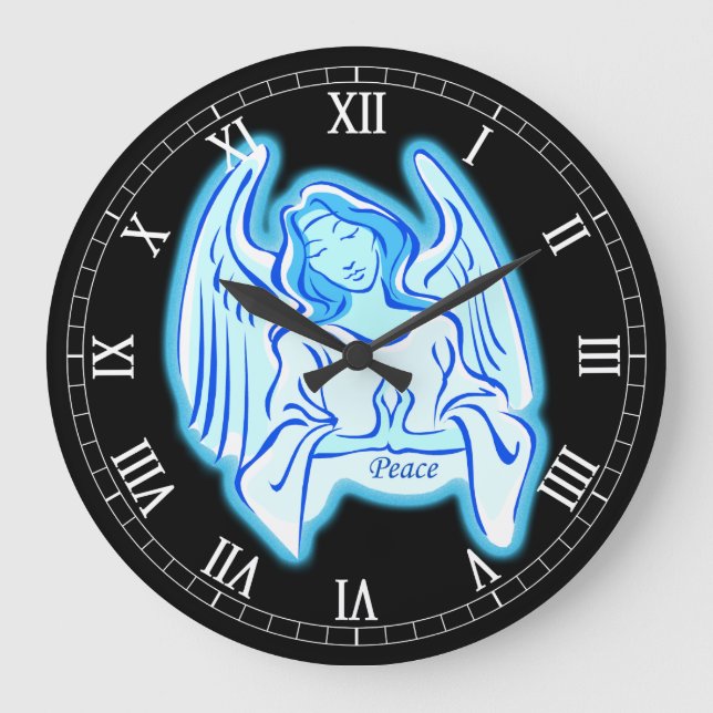 Blue Peace Angel Round Roman Numerals Clock Stor Klocka (Framsida)