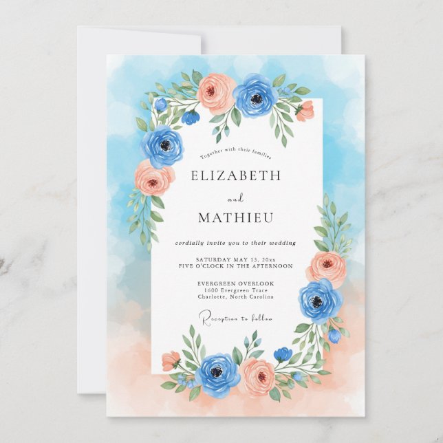 Blue Peach Floral Romance Wedding Inbjudningar (Framsida)