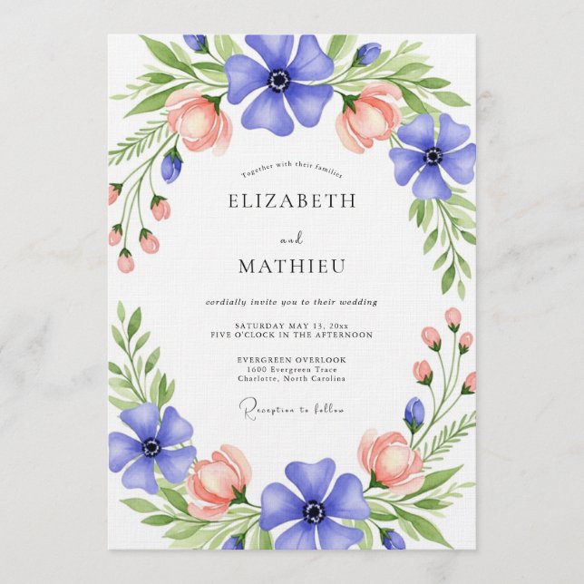 Blue & Peach Floral Whimsy Wedding Inbjudningar (Framsida)