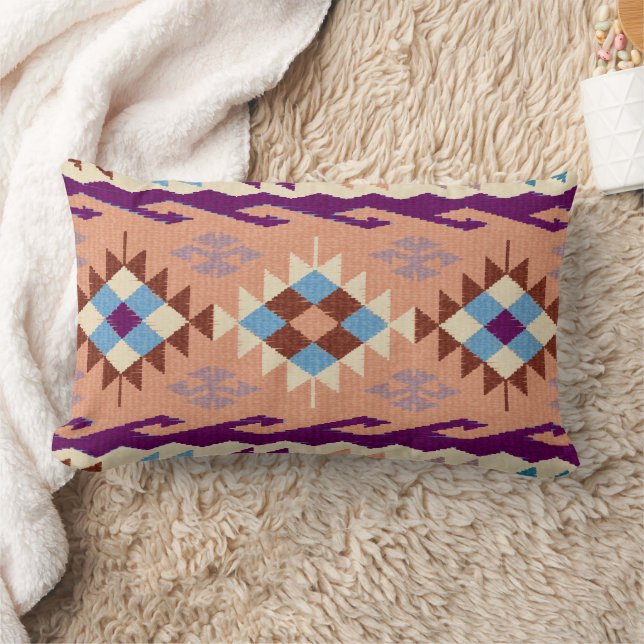 Blue Peach Violet Oriental Kilim Matta Lumbarkudde (Filt)