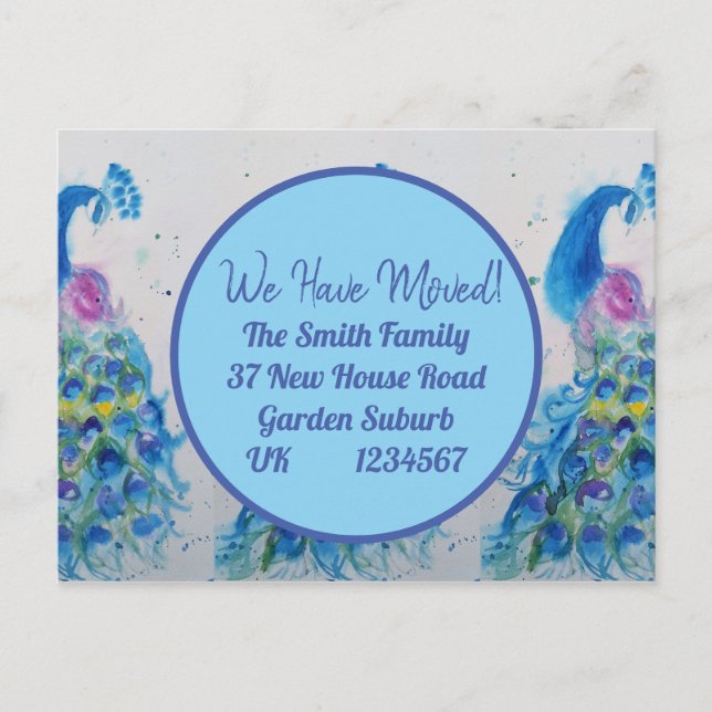 Blue Peacock Art Nytt adress vykort för Flytta (Framsida)
