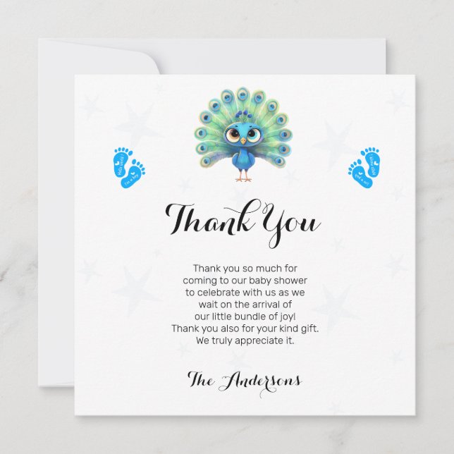 Blue Peacock Baby Shower - tackkort Tack Kort (Framsida)