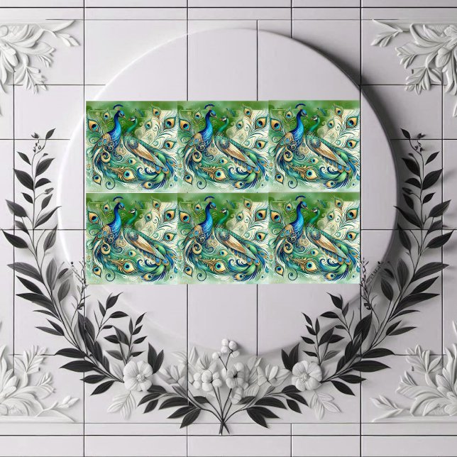 Blue Peacock Couple Green Golden Feathers Motif  Kakelplatta (Blue Peacock Couple Green Golden Feathers Motif Ceramic Tile)