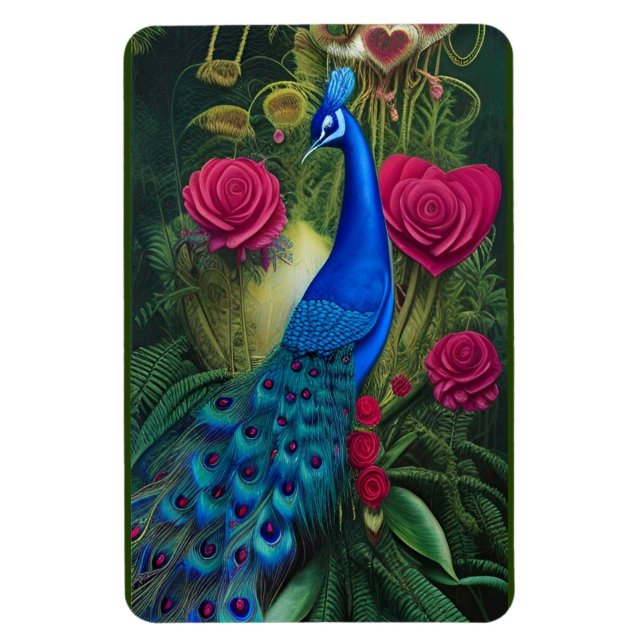 Blue Peacock in Rosa Heart Ro Garden Magnet (Vertikal)