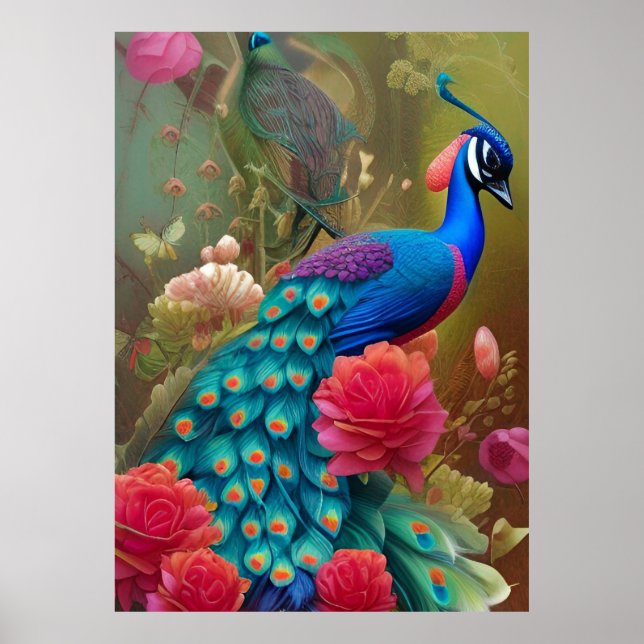 Blue Peacock in Rosa Heart Ro Garden Poster (Framsidan)