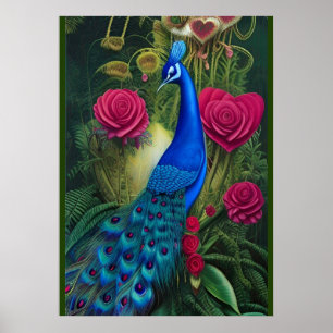 Blue Peacock in Rosa Heart Ro Garden Poster