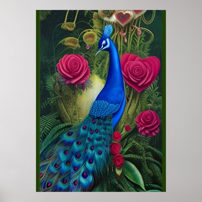 Blue Peacock in Rosa Heart Ro Garden Poster (Framsidan)