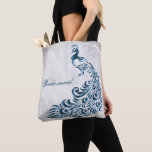 Blue Peacock Löv Vine Bridesmaid Tote Tygkasse<br><div class="desc">Anpassa en hel tryckpåse för dina brudar med en Blue Peacock Löv Vine Bridesmaid's Tote Bag. Tote-konstruktionen har en lätt grått-grunge-bakgrund med en pulserande blå påk med en löv-försköning. Anpassa med bridesmaiens namn eller behålla till bridessertitel. Ytterligare bröllop-kontorsmaterial och presenter som finns tillgängliga med den här utformningen också. Behöver du...</div>