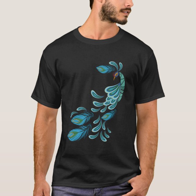 Blue Peacock Print Teal Feathers I Peacock T Shirt (Framsida)
