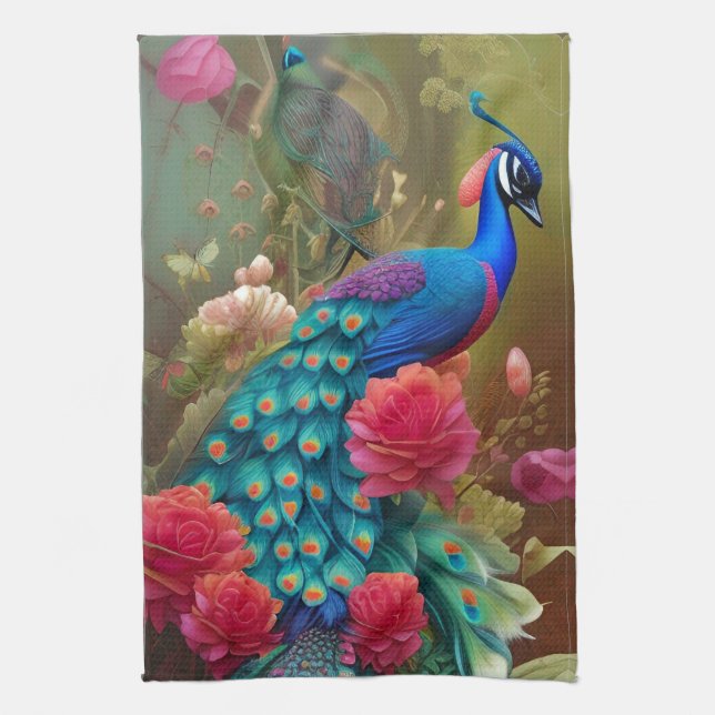 Blue Peacock, Rosa ros Garden Kökshandduk (Vertikal)