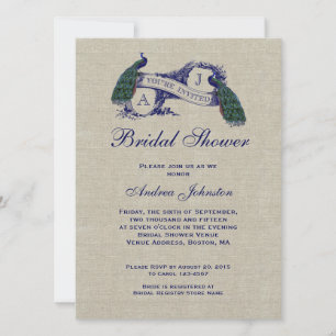 Blue Peacock Rustic Linen Möhippa Inbjudningar