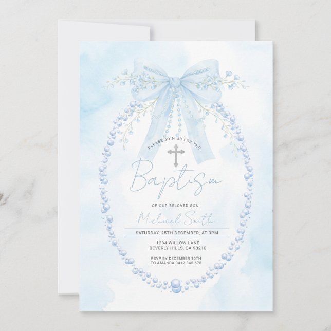 Blue Pearl Frame Baptism Christening Invitation Inbjudningar (Framsida)