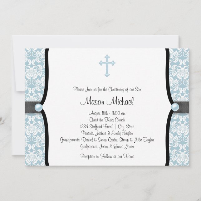 Blue Pearl Kor Blue Black Damask Christening Inbjudningar (Framsida)