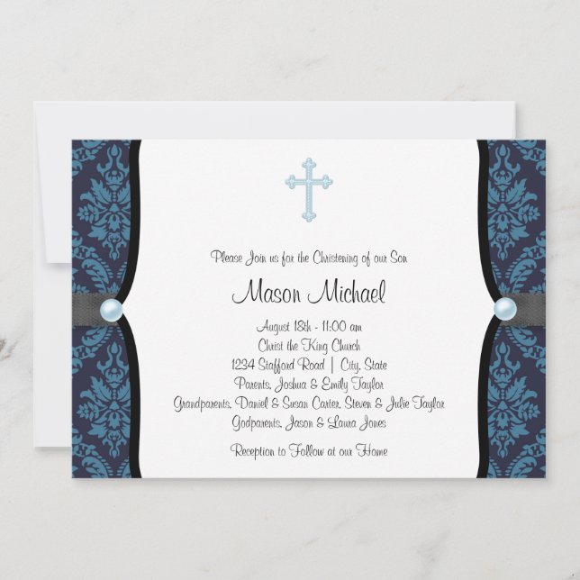 Blue Pearl Kor Blue Black Damask Christening Inbjudningar (Framsida)