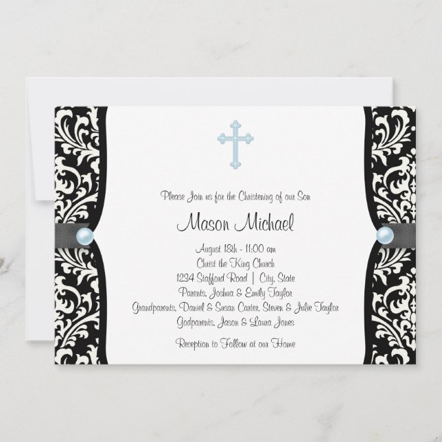 Blue Pearl Kor Blue Black Damask Christening Inbjudningar (Framsida)