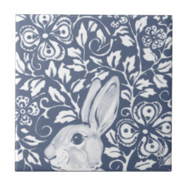 Blue Peeking Rabbit Bunny Blommigt Dedham Delft Kakelplatta
