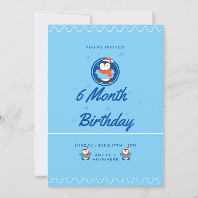 Blue Penguin 6 Month Birthday Inbjudningar (Framsida)