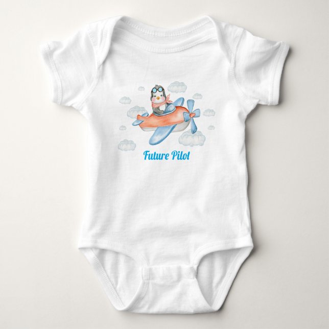 Blue Penguin Animal Airplane Pilot Baby Bodykostym T Shirt (Framsida)