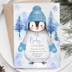Blue Penguin av typen Hat Snöflingor Baby Shower Inbjudningar