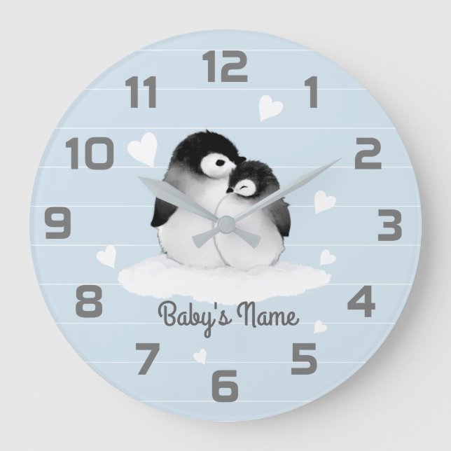 Blue Penguins Heart Nursery Decor Wall Clock Stor Klocka (Framsida)