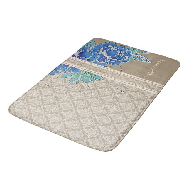 BLUE PEONIES & DAMASK ~ Bath Mat Badrumsmatta (Vinklad)