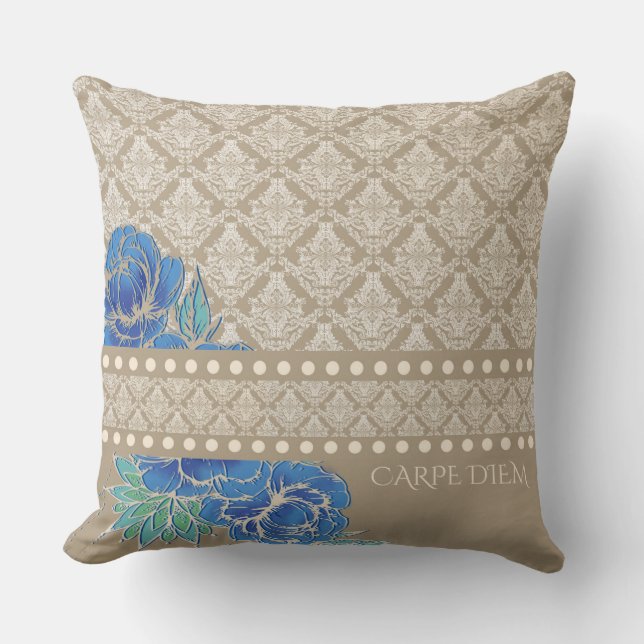 BLUE PEONIES & DAMASK - Pillow Kudde (Framsida)