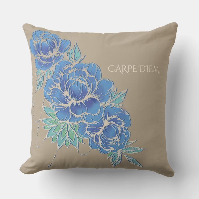 BLUE PEONIES & DAMASK ~ Pillow Utomhuskudde (Framsida)
